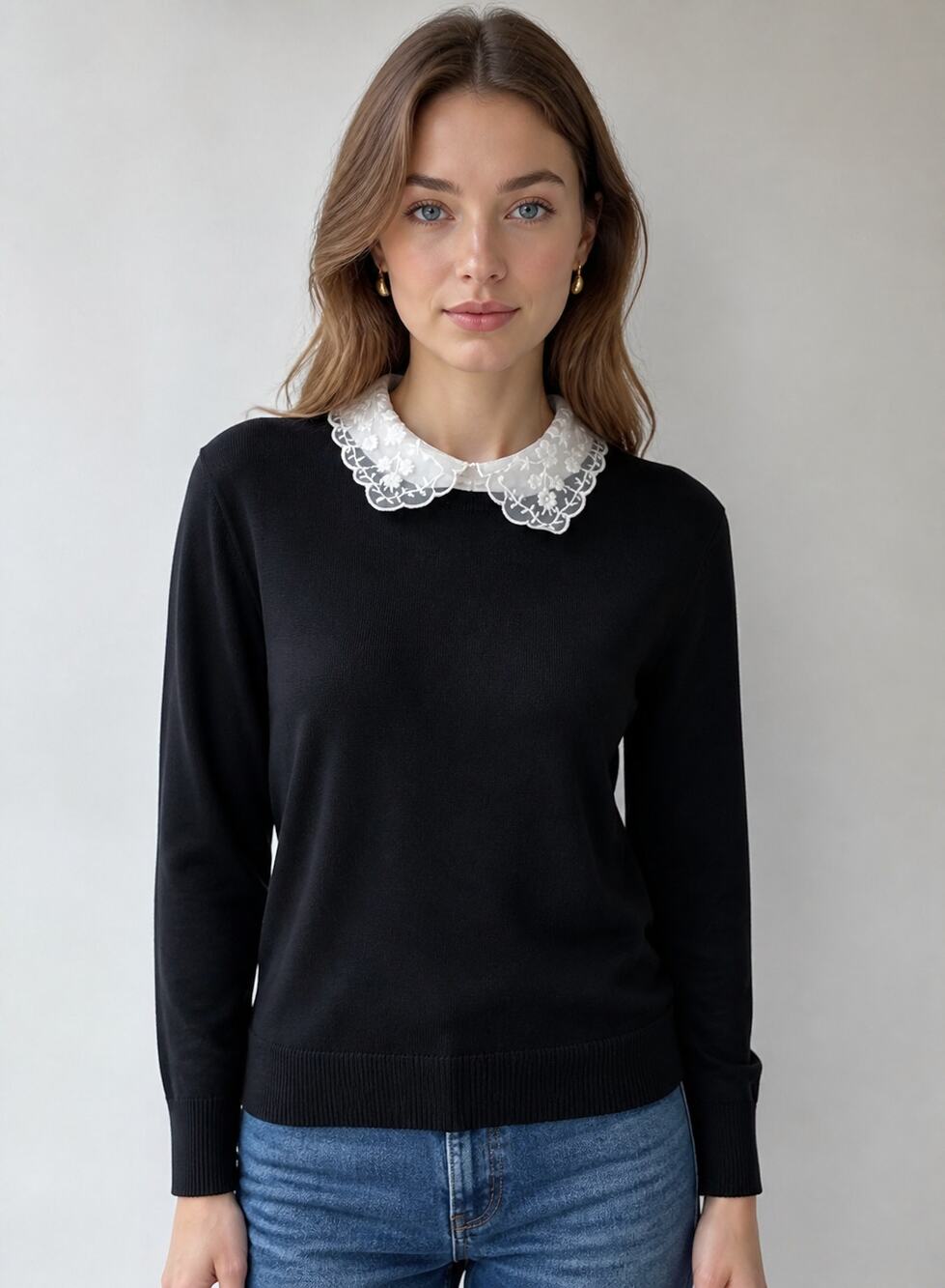Cable & Gauge Black Sweater with Lace Collar M